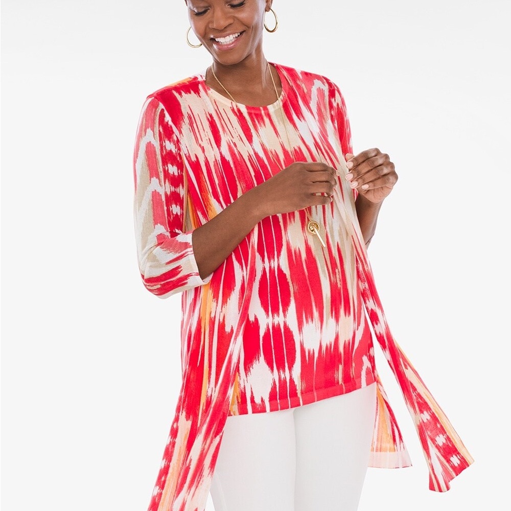 Chico's Red Pleated 3/4 Sleeve Cardigan
